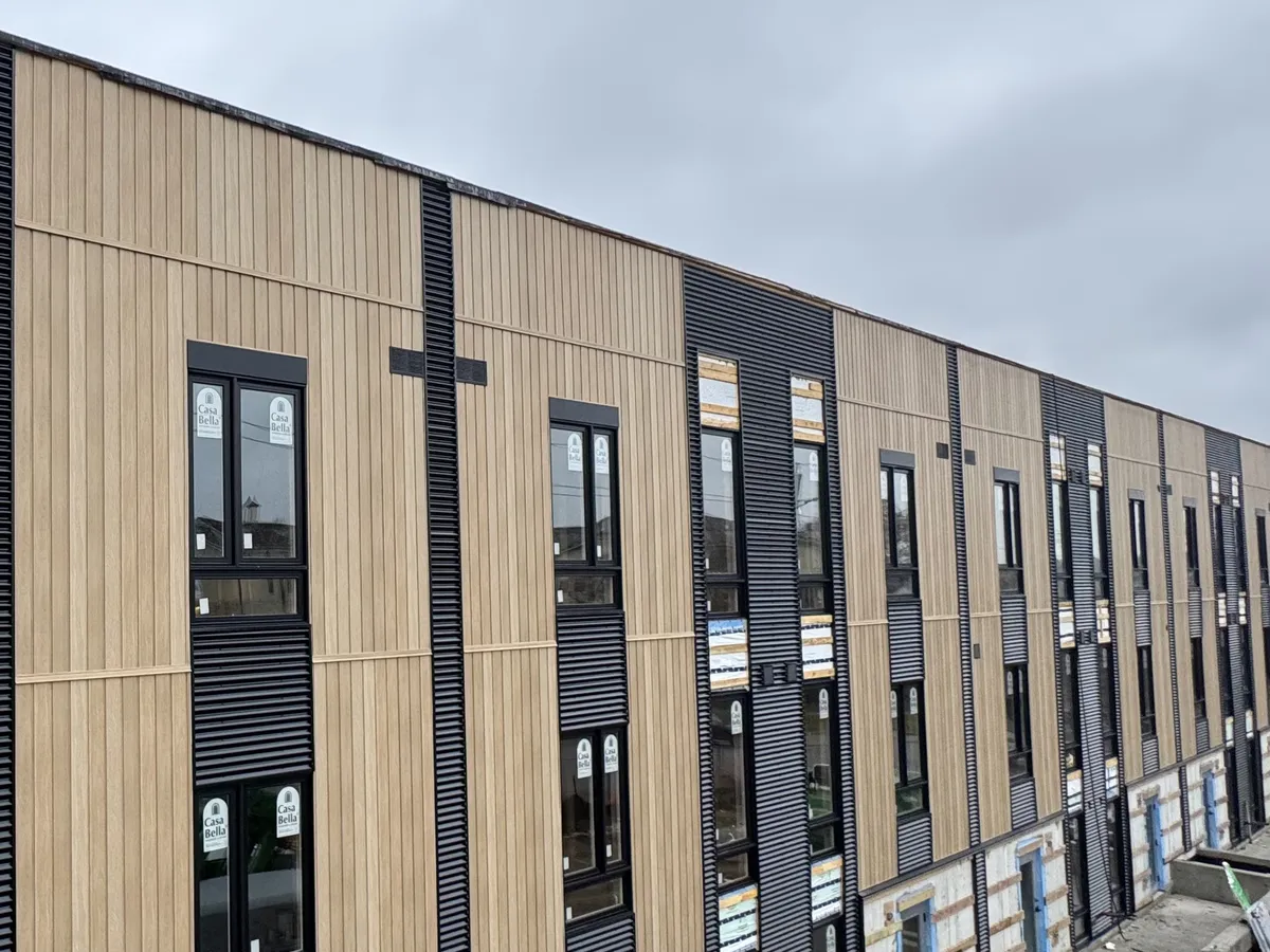 Commercial building with metal and wood-look cladding